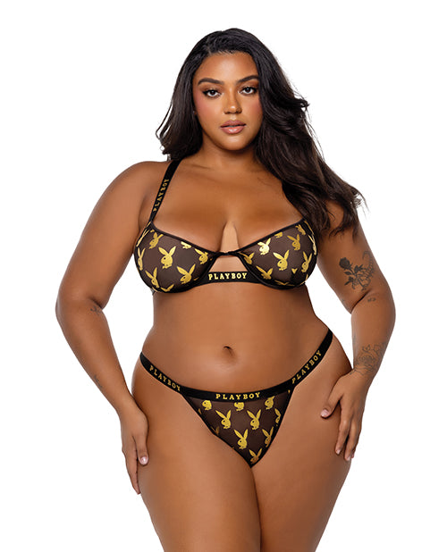 Playboy Gold Foil Mesh & Satin Bralette w/Thong 2 pc Set - Black/Gold XL
