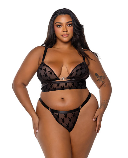 Playboy Bunny Charm Mesh Bralette w/Thong 2 pc Set - Black XL