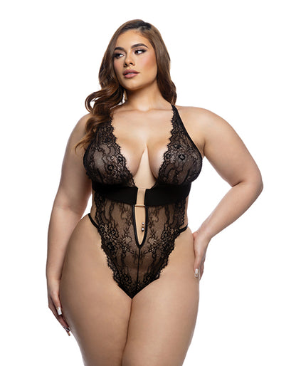 Fever Dream Chantilly Eyelash Lace and Stretch Satin Teddy - Black XL