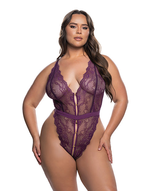 Floral Lace Fetish Teddy - Purple L/XL
