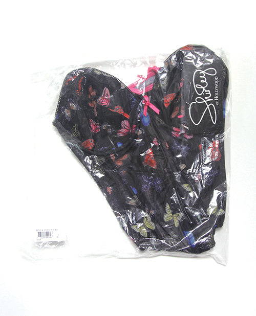 Black Mesh Butterfly Print Bustier w/G-String - Multi-Color LG