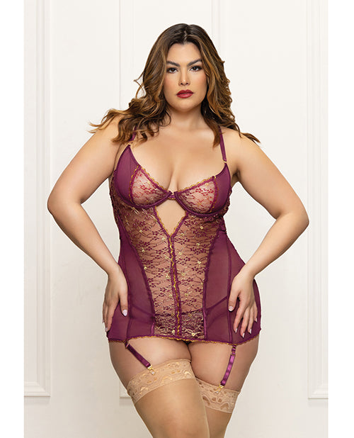 Metallic Lace with Mesh Gartered Chemise & Thong - Plum LG