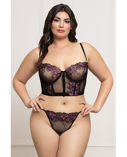 Floral Lace and Mesh Underwire Bustier w/Thong 2 pc Set - Black/Purple MD