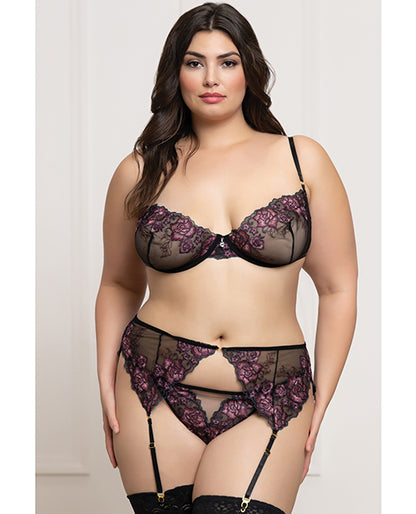 Floral Lace and Mesh Underwire Bra w/Garter & Thong 3 pc Set - Black/Purple MD